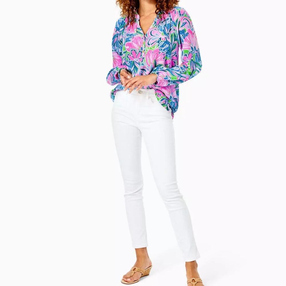 Lilly Pulitzer Elsa Silk Long Sleeve Top Gecko Green Tiger Sunrise Size Small - Picture 3 of 14
